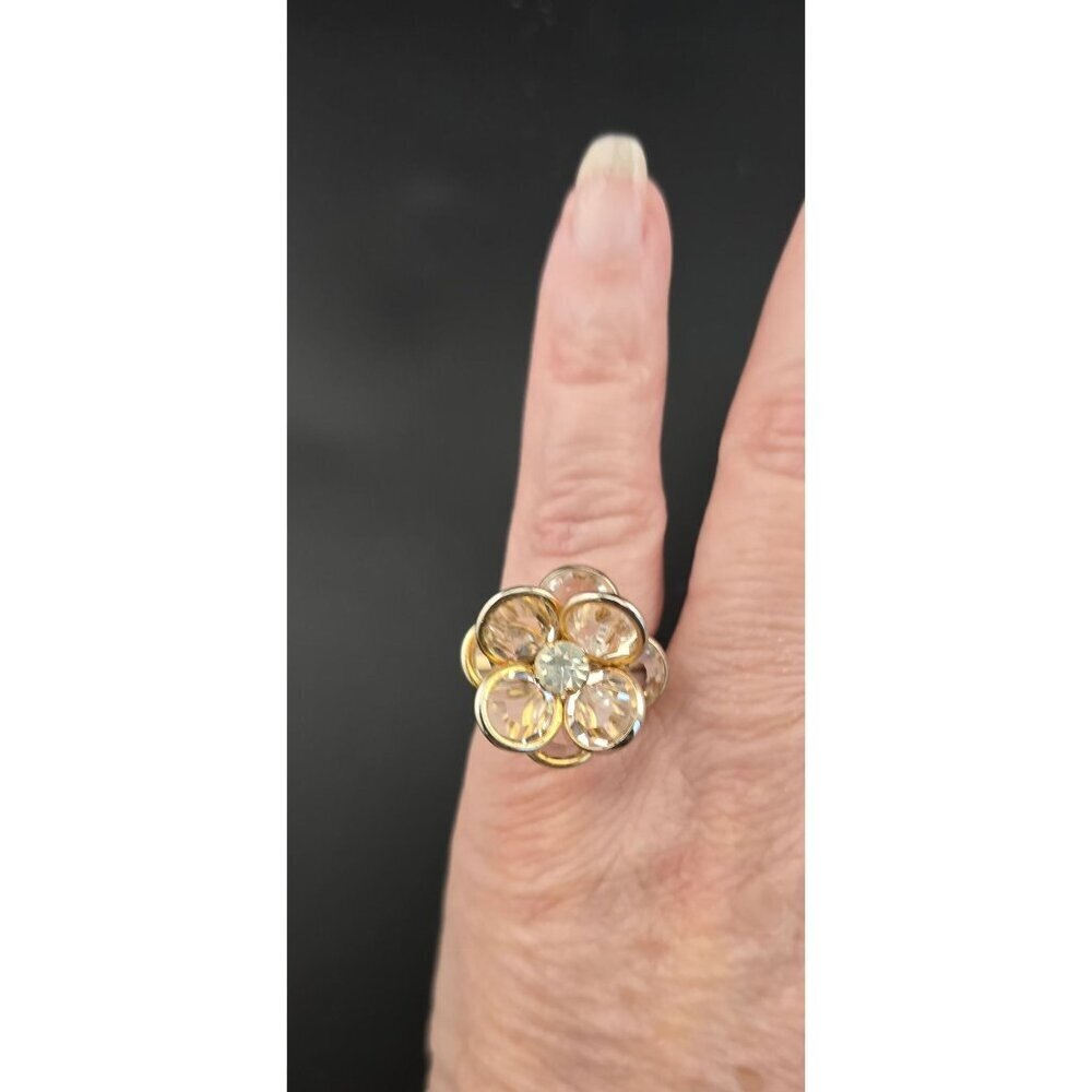 Gold-Tone Adjustable Flower Ring With Crystal Petals & Centerpiece